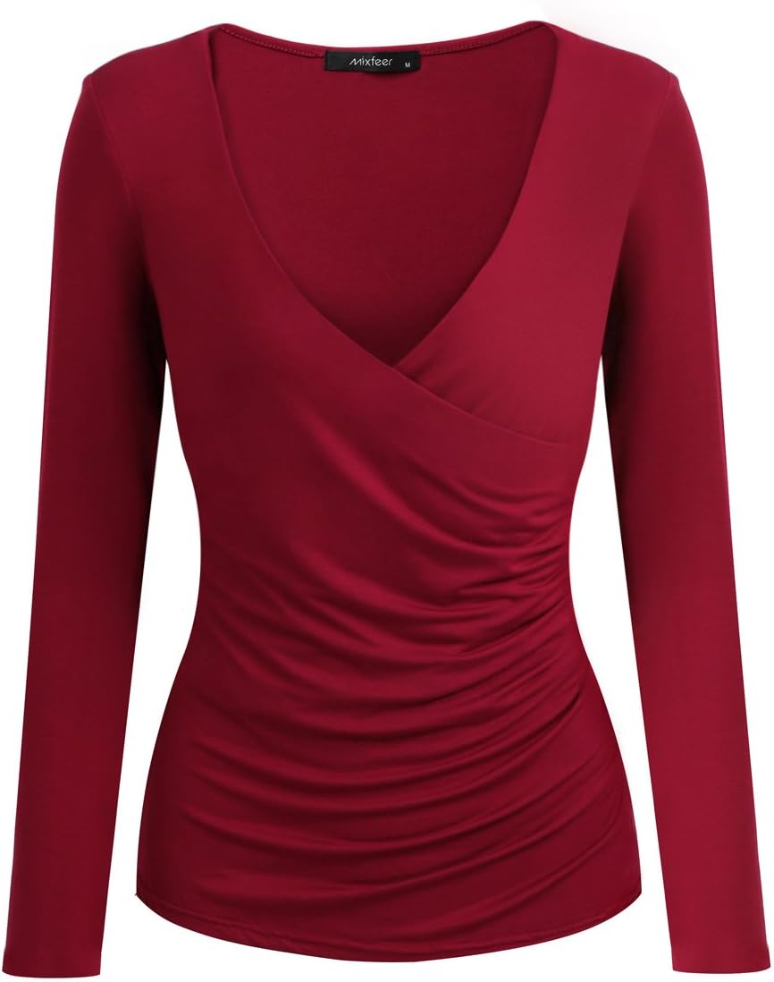 Mixfeer Women's Deep V Neck Long Sleeve Cross Front Ruched Slim Fit T-Shirt Pullover Wrap Tops