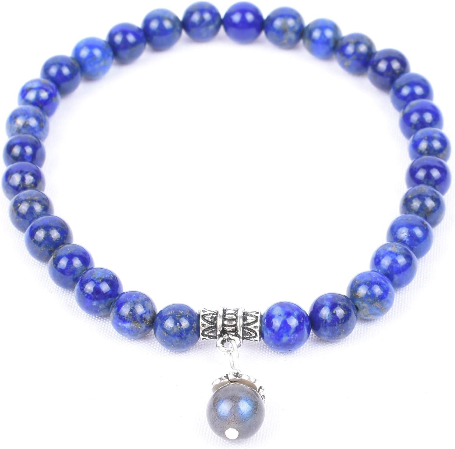 Lapis Lazuli Bracelet for Women, Blue Lapis Lazuli Bracelet 6mm Gemstone Beaded Stretch 7 inch, Natural Stone Labradorite with Sterling Silver Bracelet