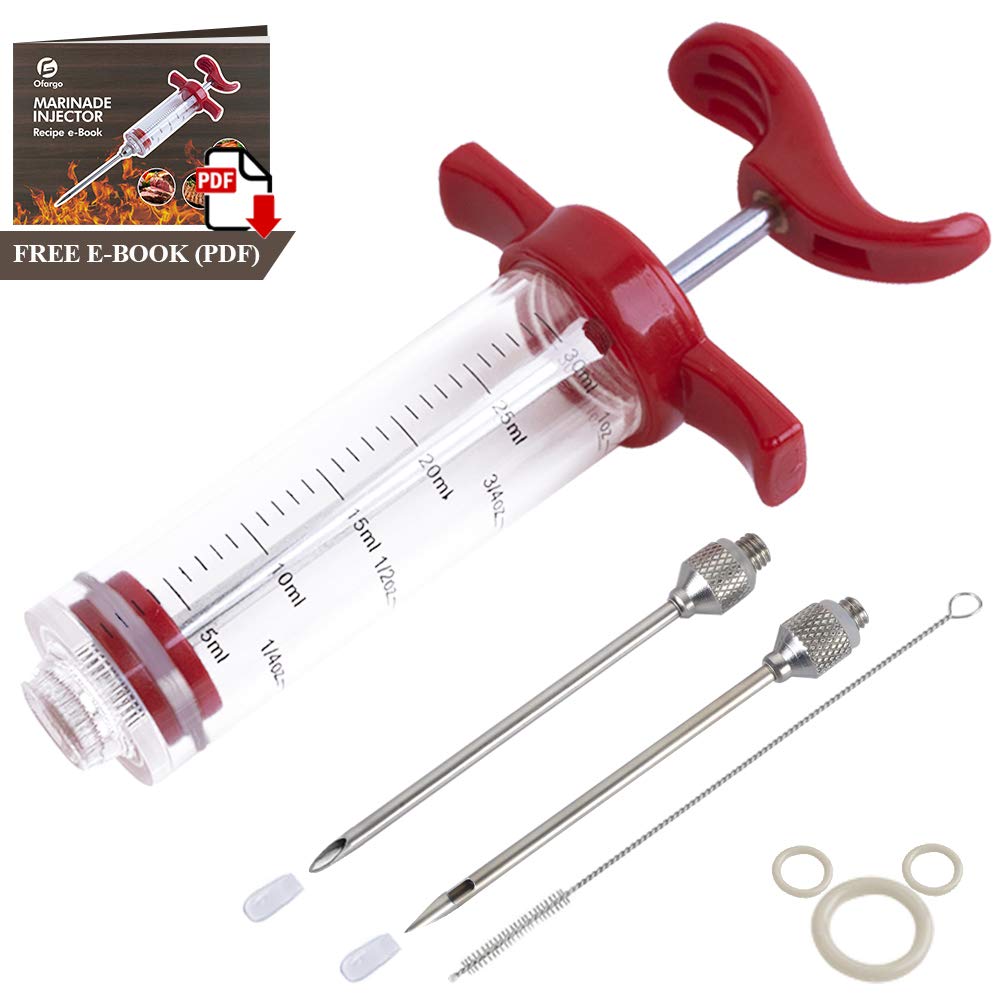 Ofargo Plastic Marinade Injector Syringe with Screw-on Meat Needle for BBQ Grill, 1-oz, Red, Recipe E-Book