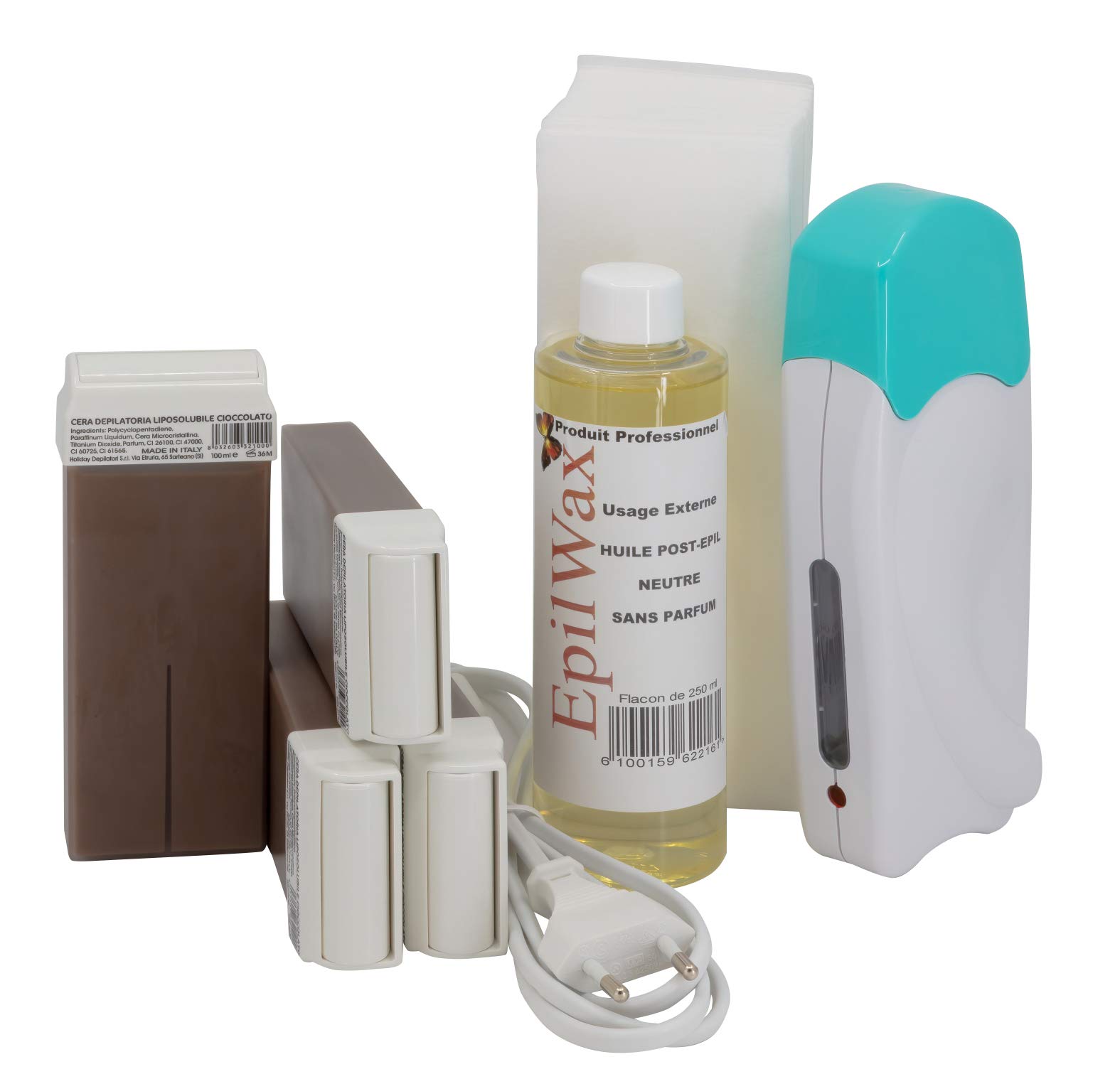 EpilWax Complete Hair Removal Waxing Kit - with 4 Chocolate Wax Roll-on Cartridges, Roll On Wax Heater, 100 Strips and Waxing Oil