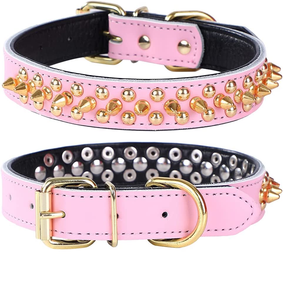 haoyueer Spiked Studded Dog Collar, Genuine Leather Dog Collar, Adjustable Pet Collars for Medium Large Bulldog Pitbull Mastiff Poodle Boxer (S, Pink)
