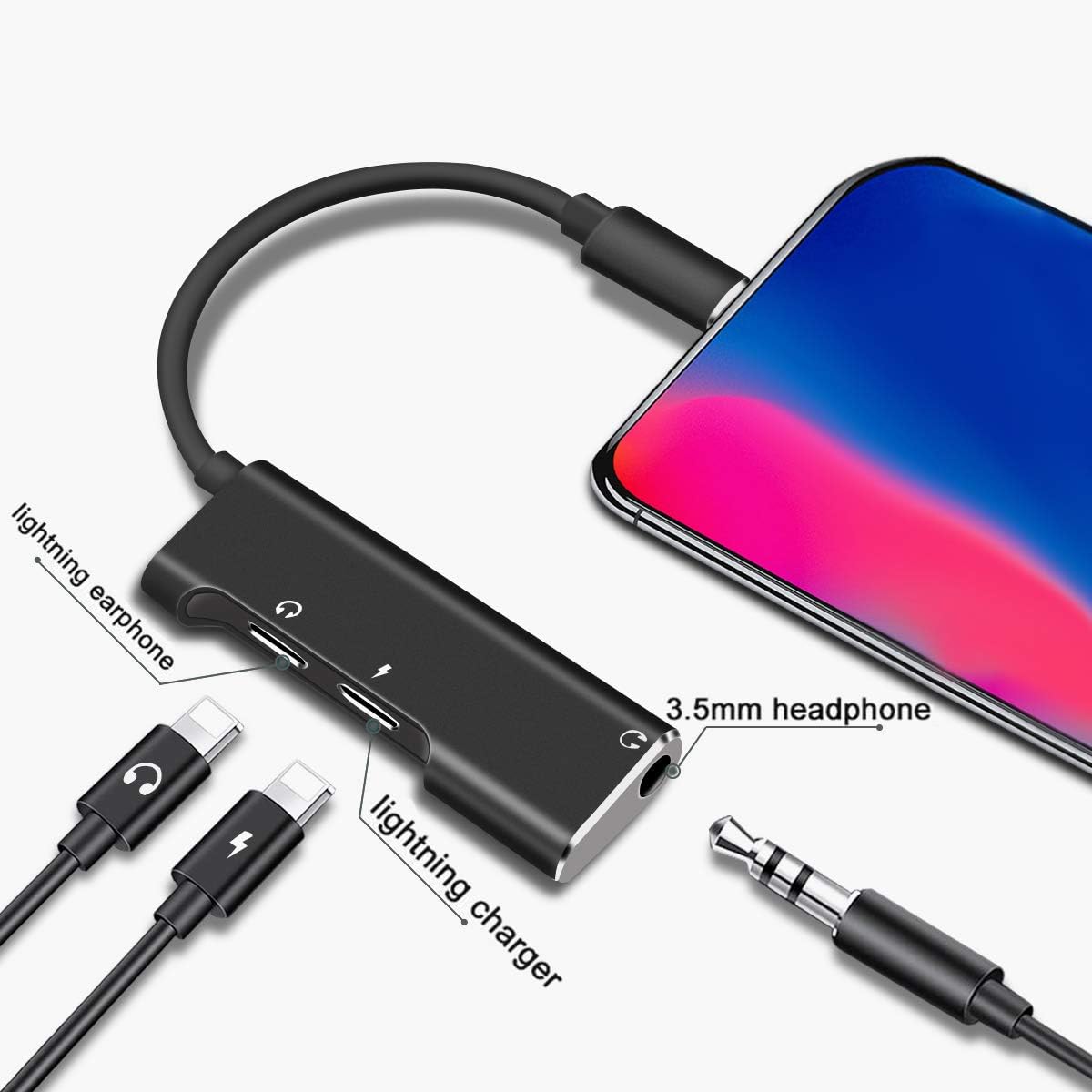 KPAO 3-in-1 Adapter Splitter Charger Compatible with Phone 8 Adapter Headphone Splitter for Headphone/Earphone Phone 8 Adapter Cables Fast Charge Splitter for Phone 8/8 Plus/ 7/7 Plus/X (Black)