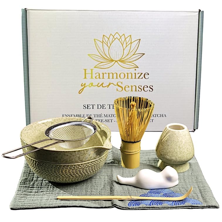 HarmonizeYourSenses Complete Matcha Kit, Matcha Set Tea Ceremony Kit, Tea Set of 7 Pieces, Ceramic Bowl and Premium Quality Bamboo Whisk, Ideal for Gift. Wellness and Harmony.