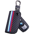 JKCOVER Key Fob Holder Protector Compatible with BMW Remote Fob, M-Colored Stripe Black Carbon Fiber Pattern Leather Key Cover with Keychain (for Older 1 3 5 6 Series X5 X6 Z4)