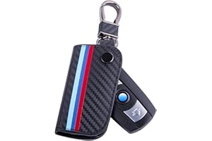 JKCOVER Key Fob Holder Protector Compatible with BMW Remote Fob, M-Colored Stripe Black Carbon Fiber Pattern Leather Key Cover with Keychain (for Older 1 3 5 6 Series X5 X6 Z4)