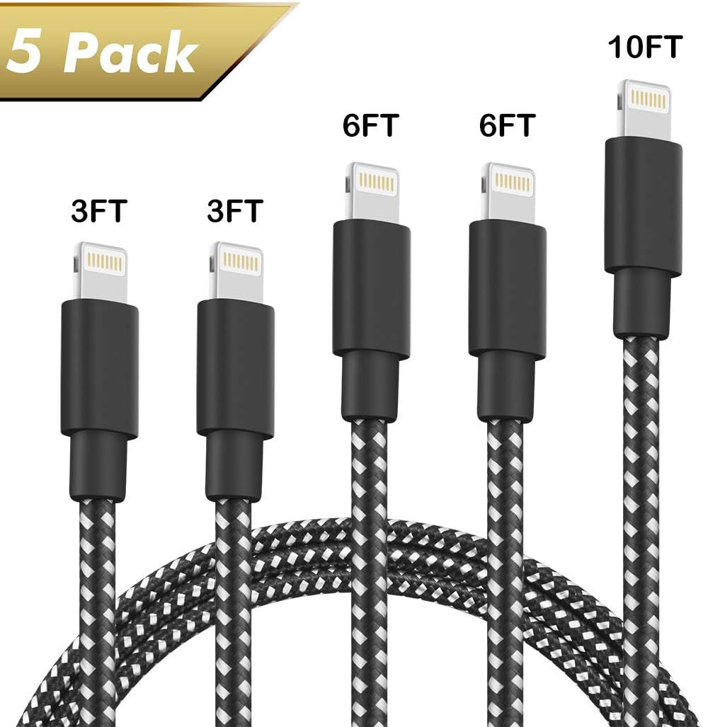 Phone Charger 5Pack 3FT 3FT 6FT 6FT 10FT Nylon Braided USB Charging & Syncing Cable Compatible with Phone XS MAX XR X 8 8 Plus 7 7 Plus 6s 6s Plus 6 6 Plus and More (Black)