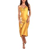Ekouaer Womens Satin Nightgown Sexy Lingerie Sleepwear Spaghetti Strap Cowl Neck Elegant Long Slip Satin Silk Midi Dress