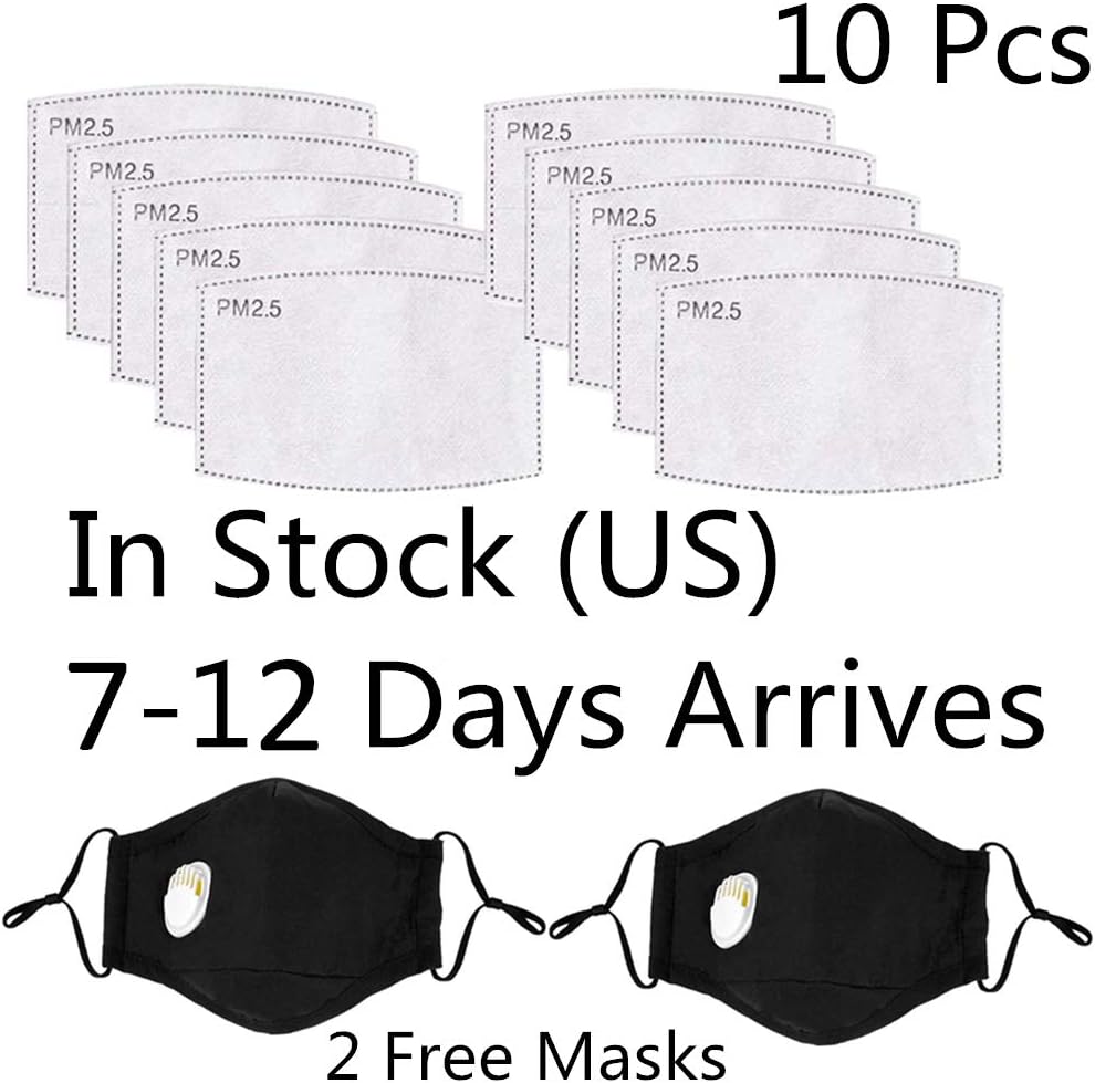 10 Pcs Activated Carbon Filters Meltblown Cloth Non-Woven Cloth 5 Layers Filters, 2 Pack Black for Women Mens Kids for Free Cotton Adjustable Breathing Anti Dust Pollution