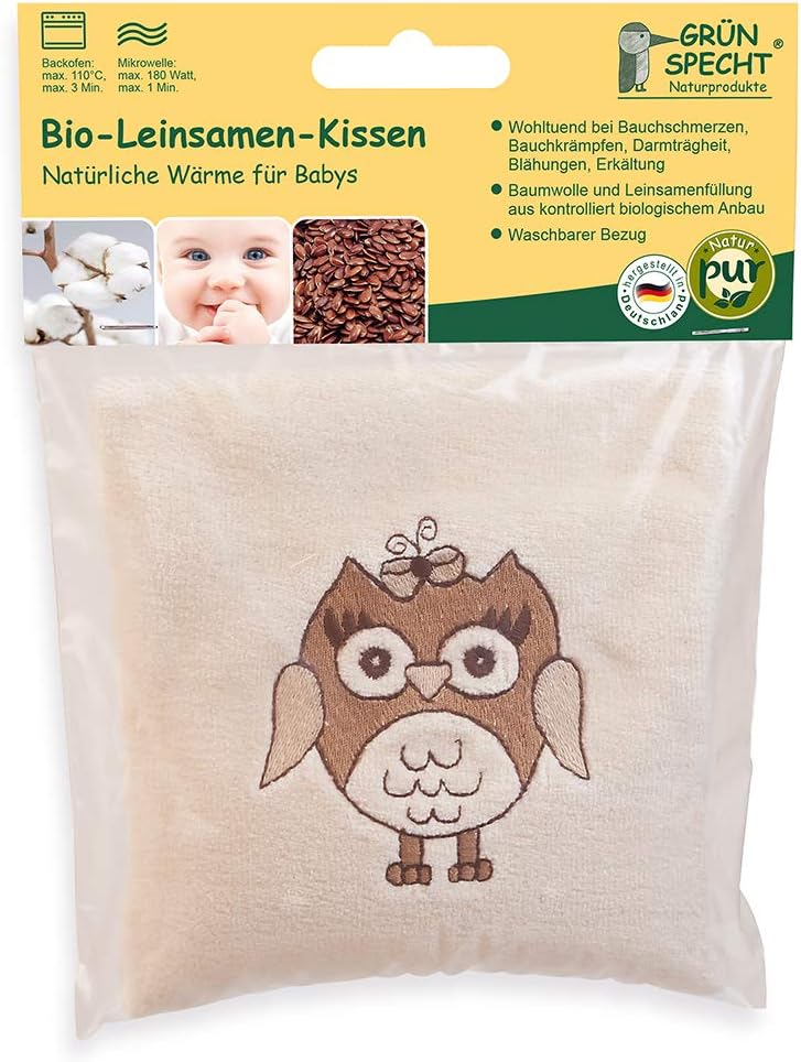 Grünspecht 13-V1 Organic Linseed Cushion - Naturally Pure for Babies Approx 13 x 13 cm, Owl, Mittel - Image 3