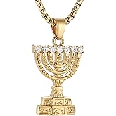 AsAlways Menorah 7 Branch Necklace Stainless Steel Gold Israel Menorah Pendant Jerusalem Temple Menorah Israel Hanukkah Jewelry Gift