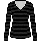 SweatyRocks Women's Long Sleeve Striped T Shirts Dressy Casual V Neck Loose Basic Tees
