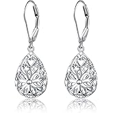 925 Sterling Silver Filigree Dangle Drop Earrings Daisy/Lotus/Rose Flower/Moonstone Leverback Teardrop Earrings for Women Infinity Celtic Knot Daisy Lotus Jewelry for Mothers Day