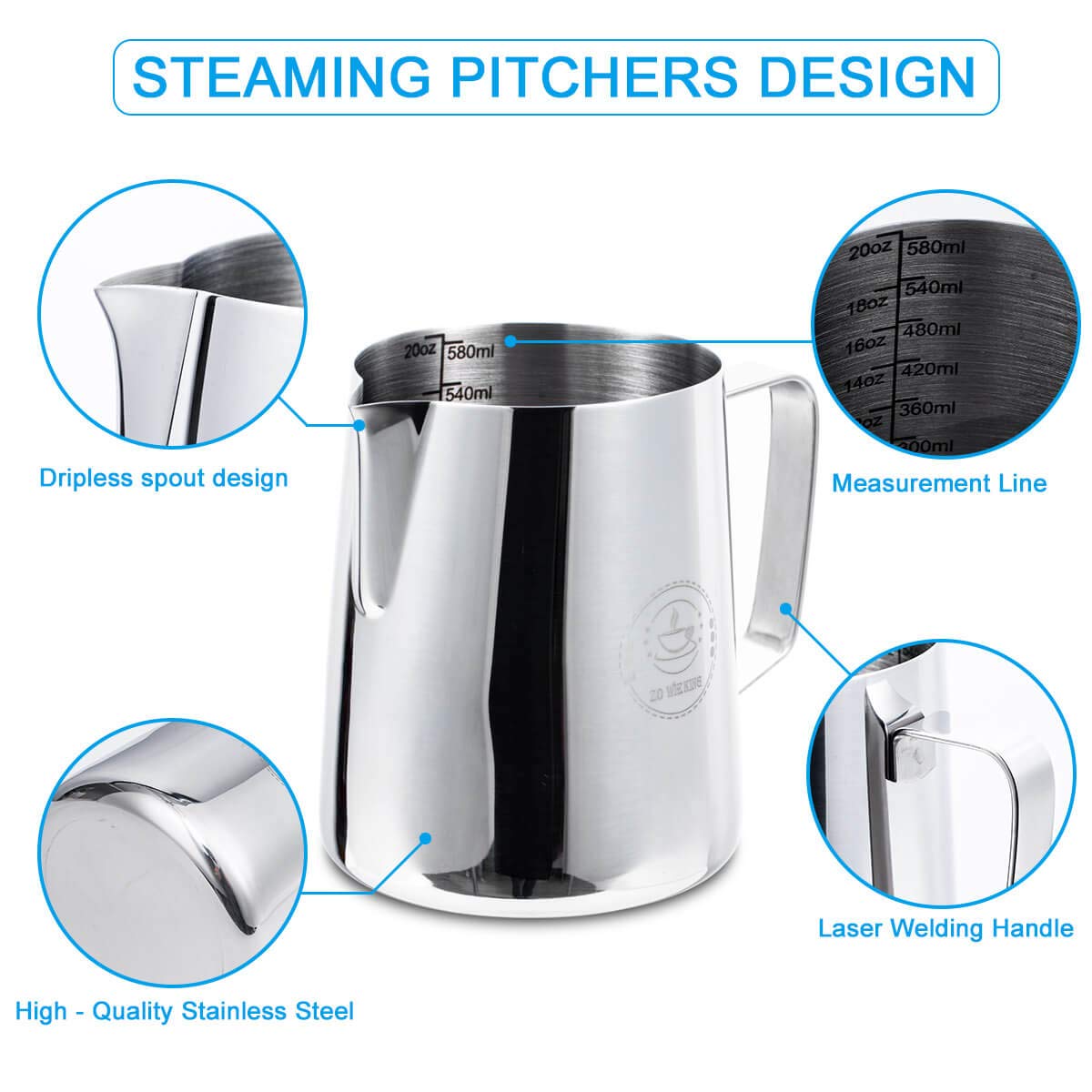 Milk Frothing Pitcher 20oz,Espresso Steaming Pitchers 600ml,Espresso Machine Accessories,Milk Frother cup 20 Oz, Coffee Cappuccino Latte Art,Stainless Steel Jug Cup with Decorating Art Pen