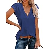 Famulily Cute Cap Sleeve Deep V Neck Tee Shirts Basic Casual Loose Summer Tops for Women