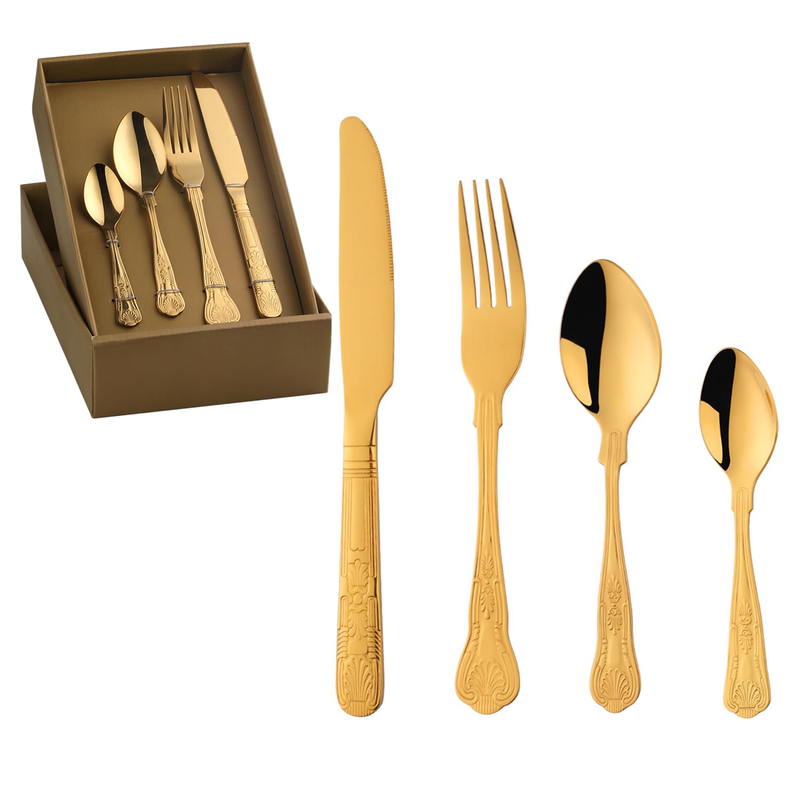 Buyer Star Gold Cutlery Set, 16 Piece Kings Pattern Flatware Set Stainless Steel Silverware Set Forks Knives and Spoons Set Service for 4, Dishwasher Safe