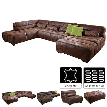 Cavadore Wohnlandschaft Scoutano in Antiklederoptik / XXL-Sofalandschaft in U-Form im Industrial Design / Ottomane links und 