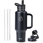 BUZIO Insulated Water Bottle with Handle & Flip Straw, 40oz Metal Travel Tumbler Fits in Cup Holders, Dishwasher Safe Leakproof Reusable Sport Mug, Gift for Women & Men, Keep Cold for 48hrs, Black