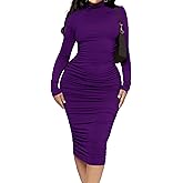 Ekaliy Women's Ruched Bodycon Midi Dress Mock Neck Long Sleeves Party Club Dresses