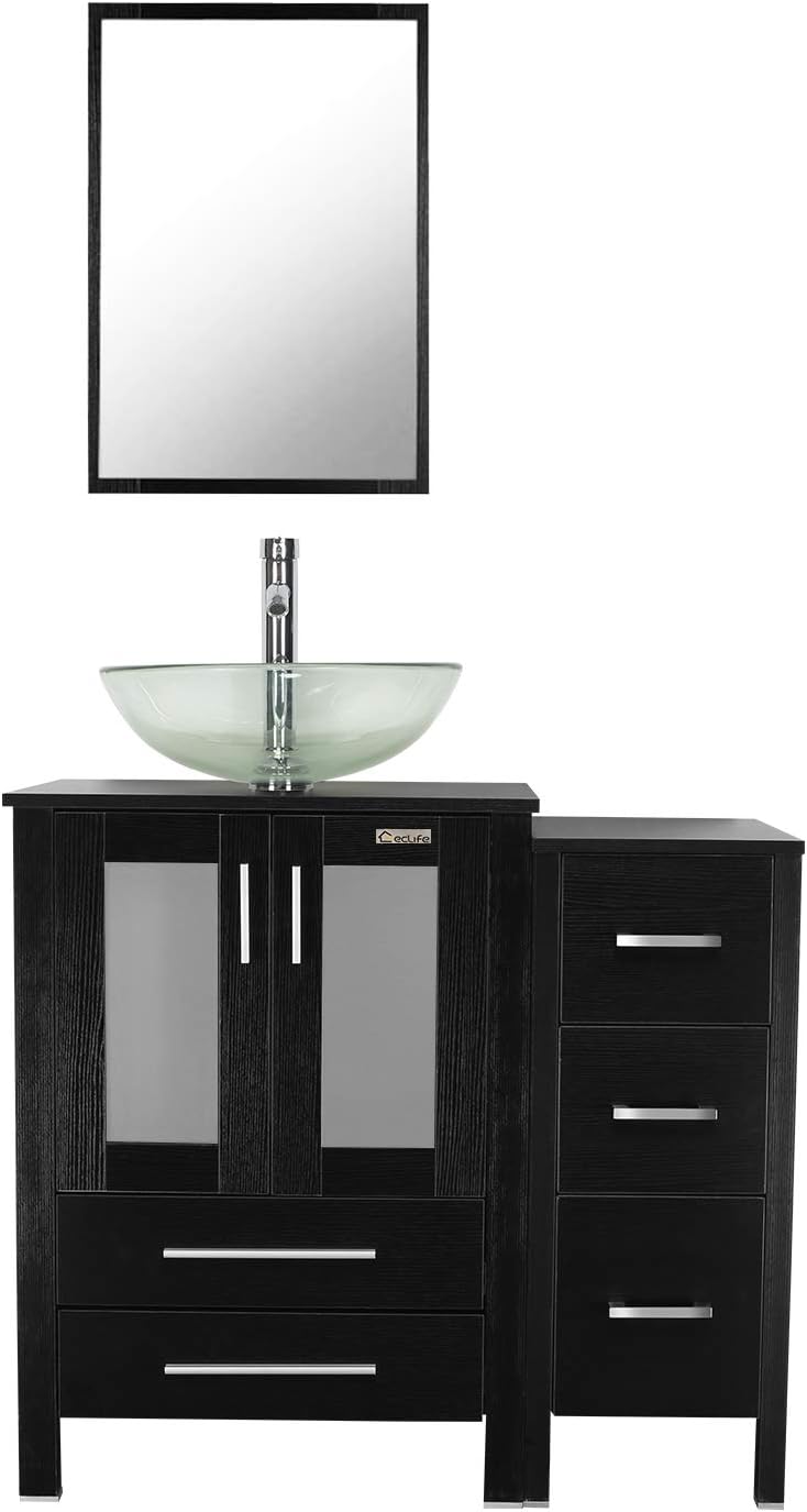 eclife 36” Bathroom Vanity Sink Combo Black W/Side Vanity Clear Round