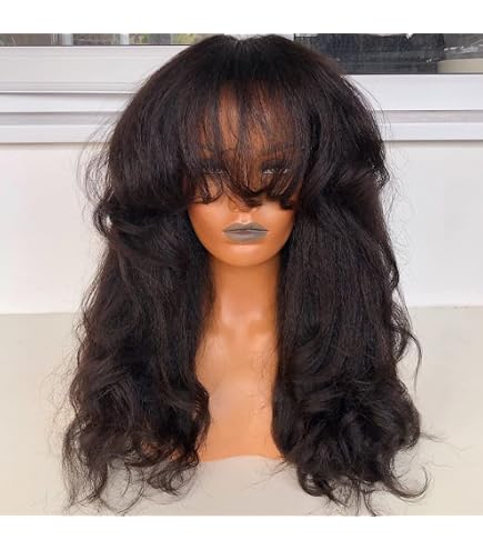 Amazon.com : 200% Yaki Wavy Human Hair Wigs with Bangs Full  display picture 1