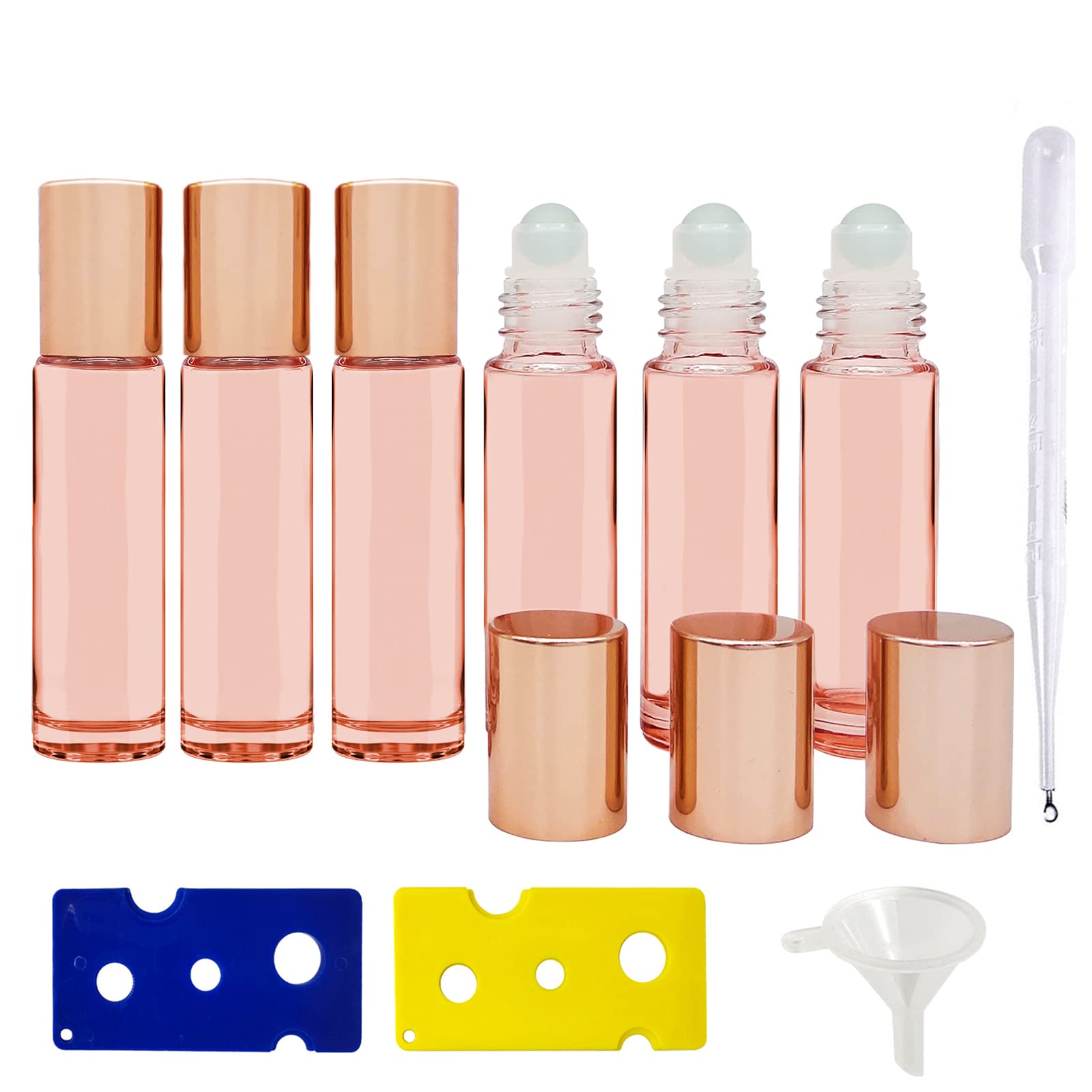 YHSWIN 6Pcs Glass Roller Bottle, 10ml Rose Gold Refillable Empty Glass Roll-on Bottle with Roller Ball for Essential Oil Mosquito Repellent Aromatherapy (with 2 Opener 1 Dropper and 1 Funnel)