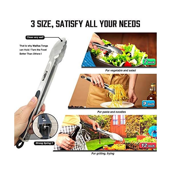 Walfos Food Grade Stainless Steel Kitchen Tongs for Cooking,BBQ - 7 ，9 and 12 Inch,Set of 3 Heavy Duty Locking Metal…