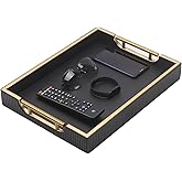 Wooden Structure Leather Decorative Coffee Table Square Tray, Farmhouse Counter PU Tray - Room Serving Trays, Brushed Champagne Gold Handle (Black)
