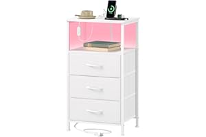 Somdot White Nightstand with Charging Station and LED Light for Bedroom, Tall 3 Drawers Dresser with Fabric Bins for Bedside Kids Dorm Room Closet Laundry Entryway, White Leather
