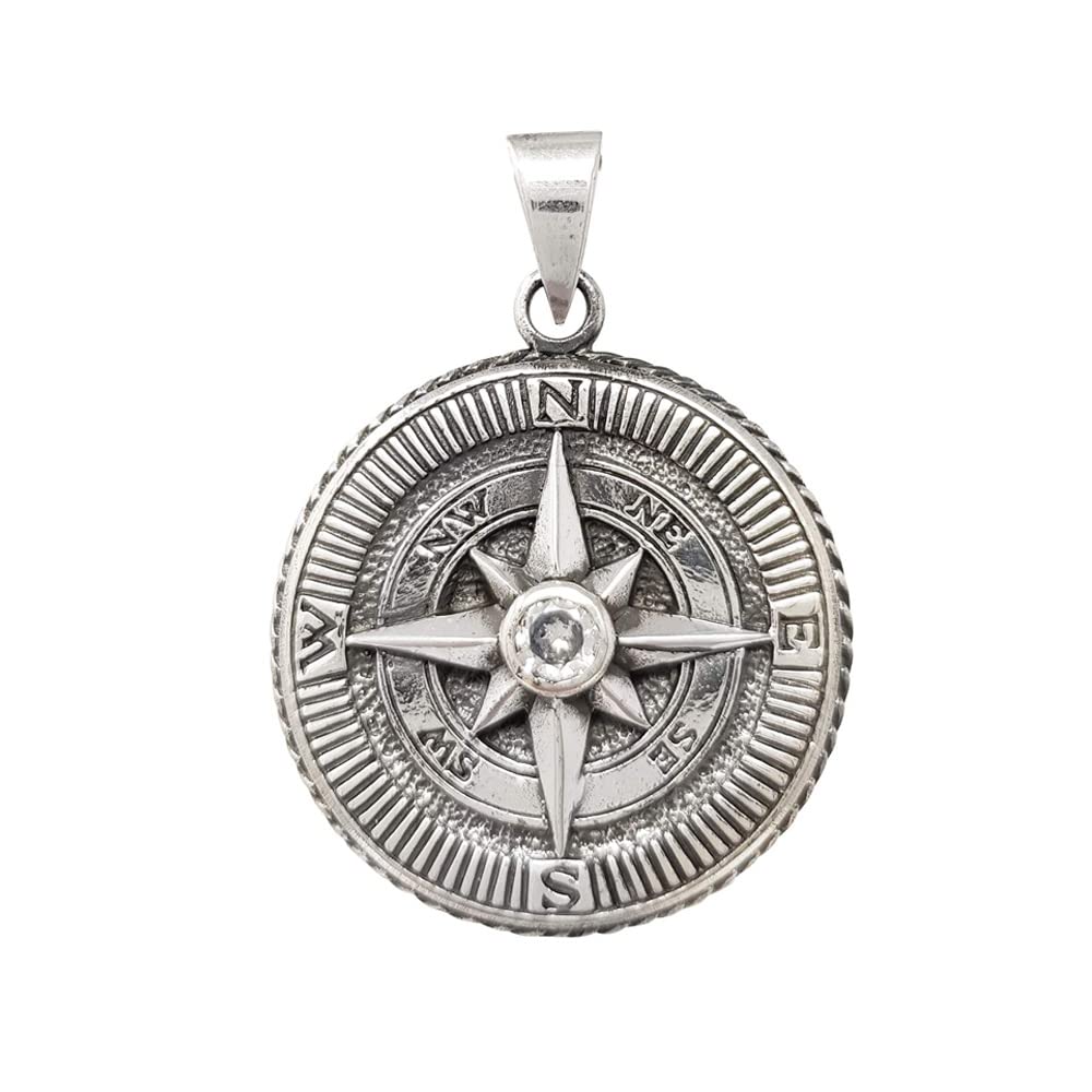 Treasure Bay Stunning Sterling Silver with Clear Stone Compass Pendant Necklace