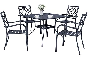 Oakcloud 5-Piece Patio Dining Set, Outdoor Metal Furniture Dining Table Set 4 Stackable Patio Dining Chairs and Square Dining Table with Umbrella Hole, Black