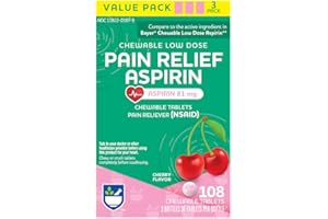 Rite Aid Adult Low Dose Aspirin 81 mg, Chewable Tablets Pain Reliever, Cherry Flavor, 3 Bottles, 36 Count Each (108 Count Total) | Chewable Aspirin Regimen | Headache Relief | Aspirin 81mg for Adults