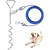 Dog Tie Out Cable and Stake, Outside Dog Leash&amp;Chain for Camping and Yard, 16'' Heavy Duty Anti Rust Spiral Stake for Medium-Large Dogs Up to 125 lbs (Blue, 125lbs 40FT)