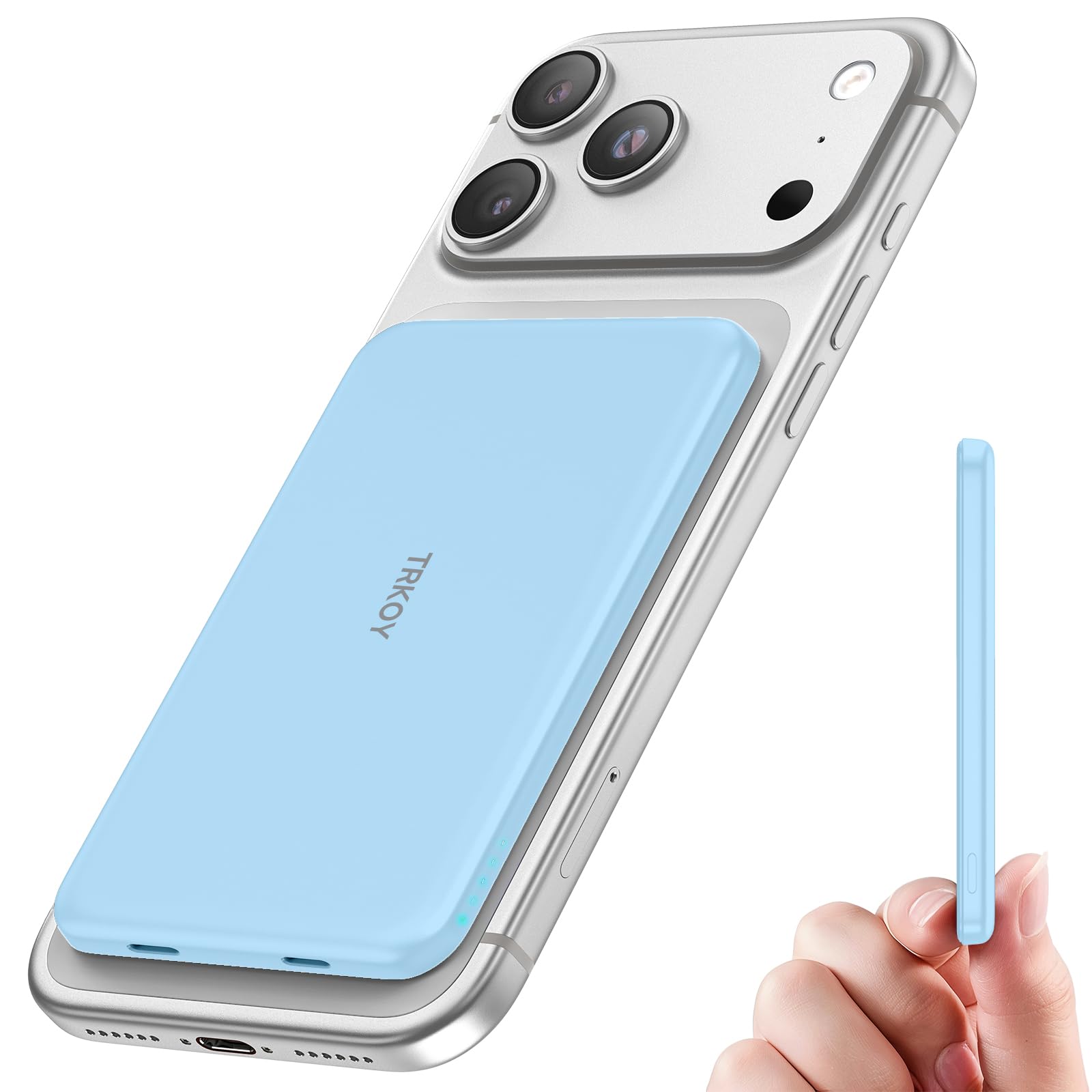 TRKOY for Magsafe Portable Charger, Magnetic Power Bank 5000mAh with USB-C, Slim Wireless Battery Pack for iPhone 17/16/15/14/13 Series, Light Blue Image