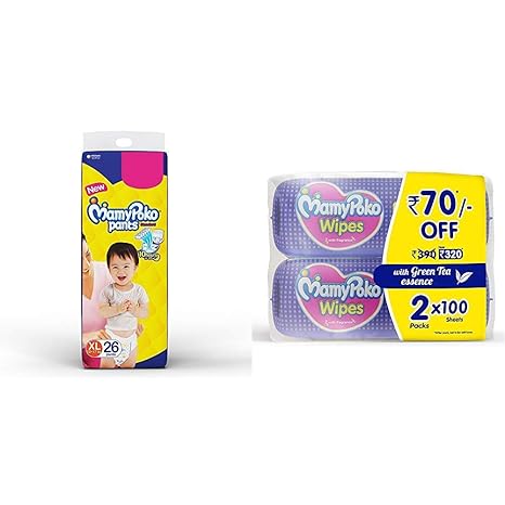MamyPoko Pants Standard Diapers, Extra Large (Pack of 26) & MamyPoko Wipes with Green Tea Essence - Pack of 100 Wipes with Fragrance (100 Wipes)