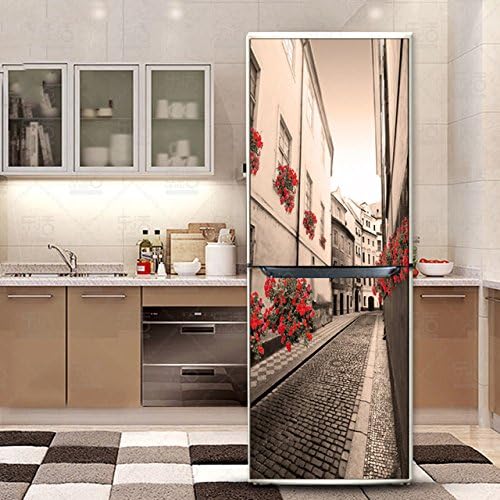 HHYS Door Fridge Closet Cover Sticker For Refrigerator Covering Full Door Wall Decal Hallway Mural European Town,60X150cm(23.6''X59'')