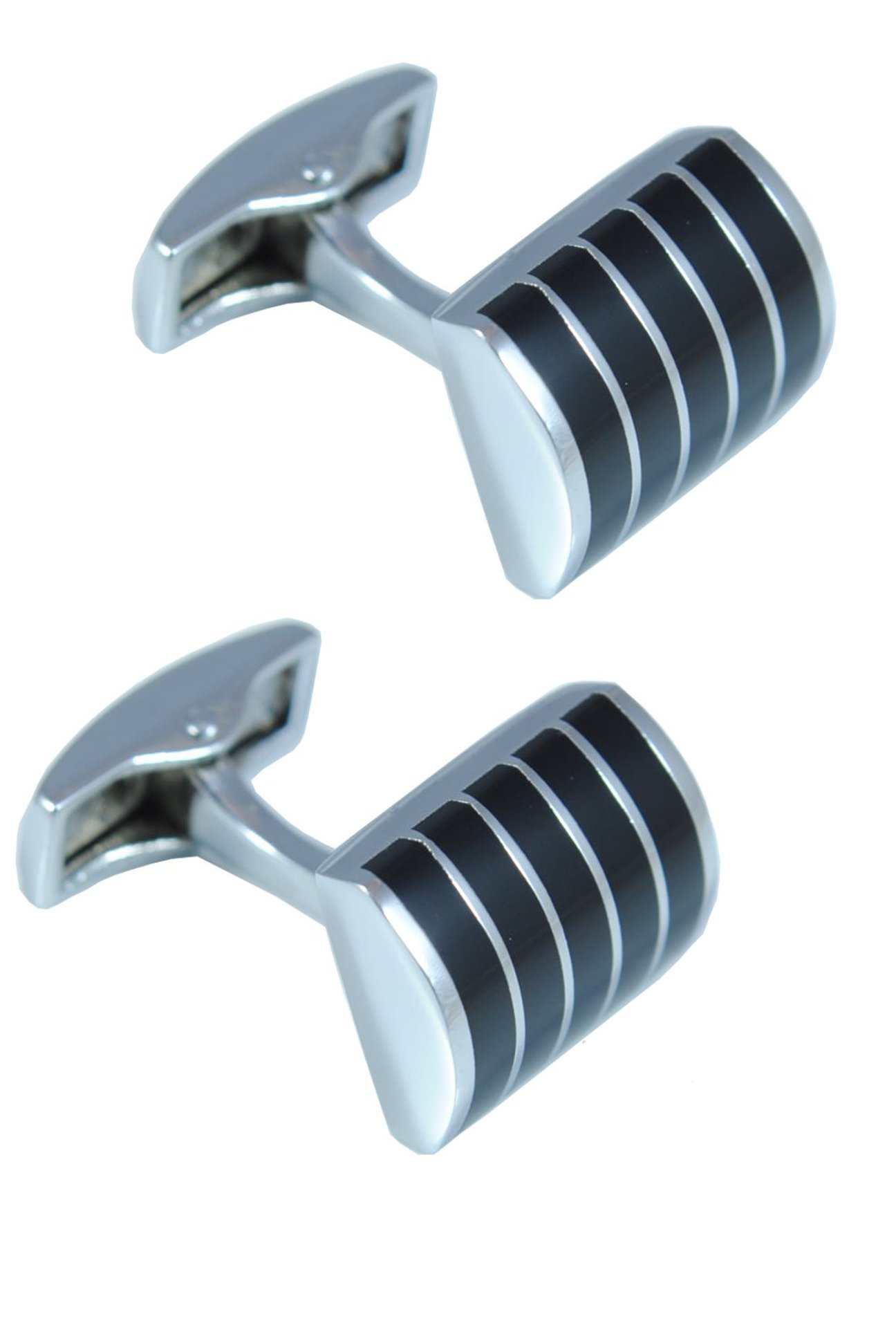 Cufflinks for Men + Presentation Box - Black - Noir Half Cylinder with Metallic Line - Solid Brass Metal - Black and Silver Colour - Zinc Alloy - One Pair