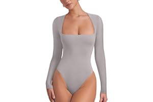 Cyanstyle Women's Sexy Square Neck Long Sleeve Double Lined Bodysuit Tops Fall Winter Outfits 2025