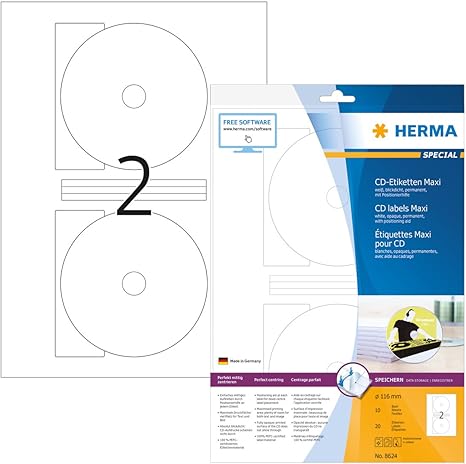 HERMA Self Adhesive Full Face CD Labels, 2 Labels Per A4 Sheet, 20 ...