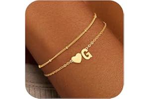 Fezodo Christmas Gifts for Grandkids Teens Girls, 14K Gold Plated Heart Initial Bracelets for Women Girl Dainty Gold Bracelets Birthday Gifts Stocking Stuffers for Teen Girls Women Jewelry
