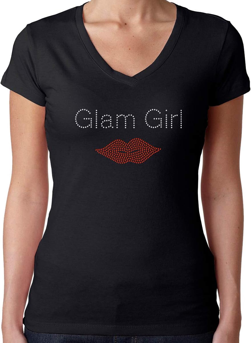Rhinestone Wear Womens T-Shirt Bling Black Fitted Tee Glam Girl Red Lips