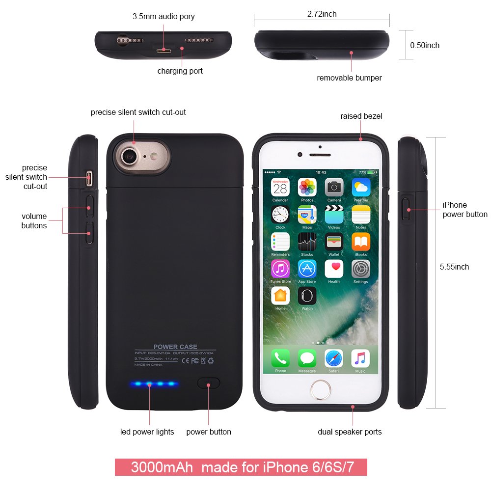 Battery Case for iPhone 6S / 6, Mbuynow 3000mAH Portable Charging Case External Rechargeable Charger Case Protective Power Charger for iPhone 6S, 6 (4.7 inch)(Black)
