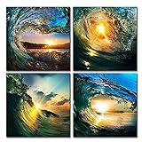 Natural art – Sunrise in Sea Wave Art, Ocean View Painting, Print on Canvas, Wall Decoration, Wrapped with Wooden Frame, Easy to Hang, 4 pieces combination of one set (12×12in×4pcs)