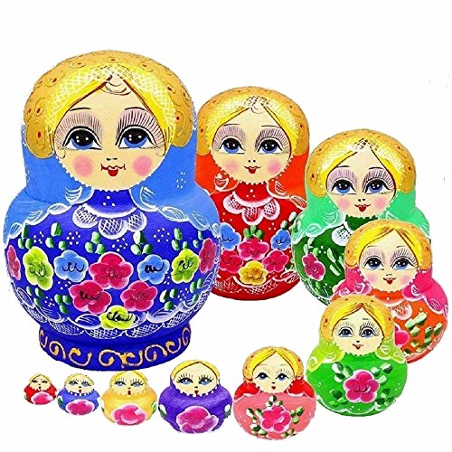 King&Light - 10Pcs Peony Multicolor Russian Nesting Dolls Matryoshka Toys By K&L