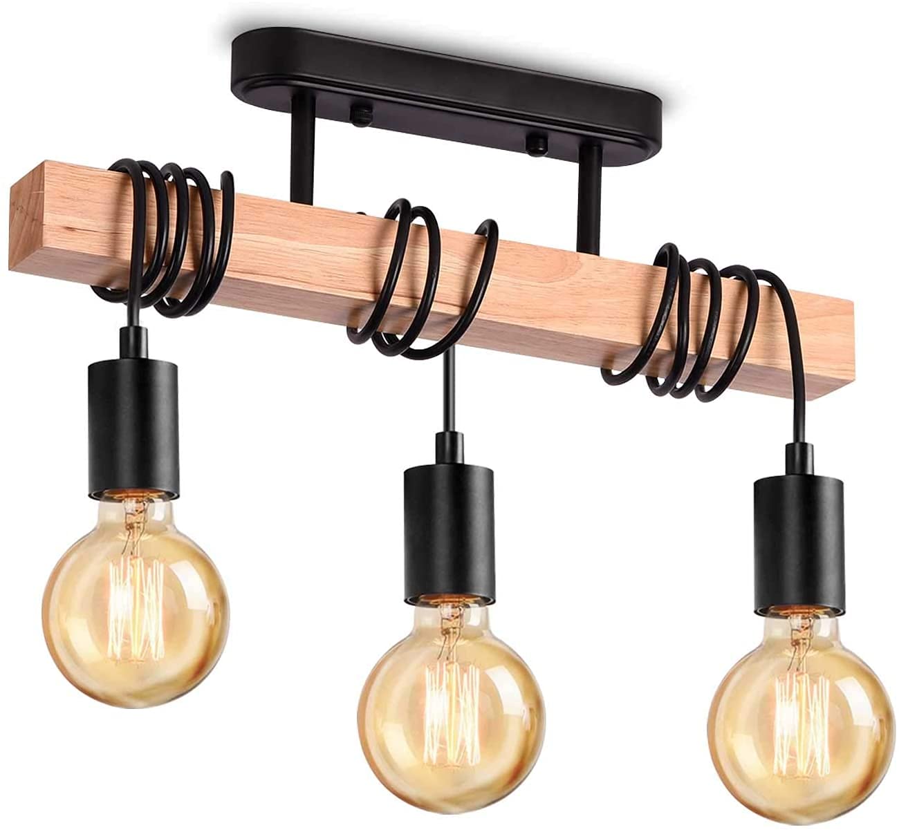 Lightess Industrial Wood Pendant 3-Head Adjustable Chandelier Vintage Semi Flush Ceiling Light - Living Room, Kitchen, Dining Room - Black Hanging Light