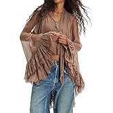 Ruffle Sheer Tops for Women Flowy Long Sleeve High Low Hem Blouse Top See Through Chiffon Poncho Capes Tops