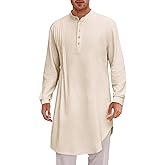 Runcati Mens Kaftan Thobe Cotton Linen Henley Shirt Long Sleeve Robe Casual Muslim Gown Kurta