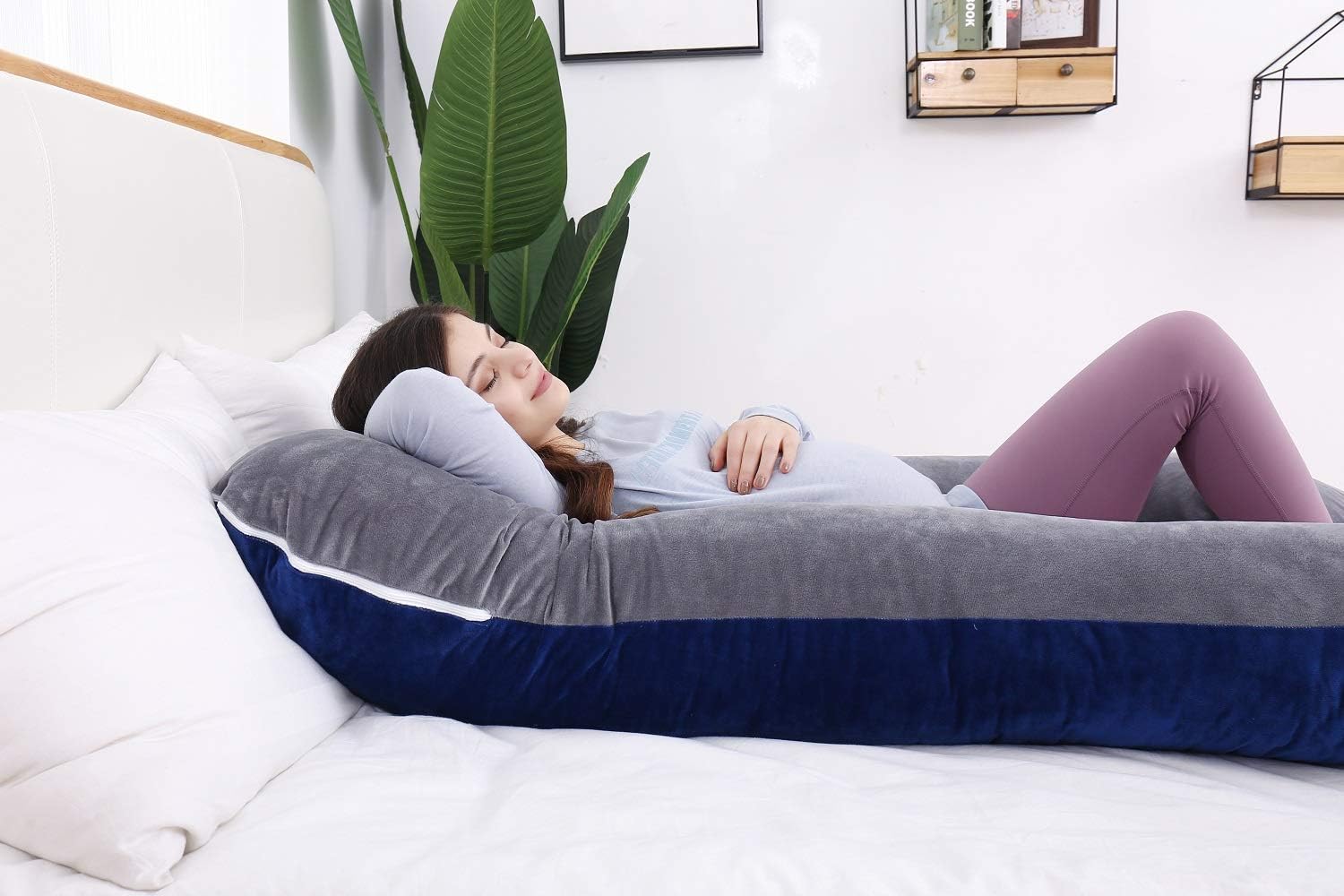 AS AWESLING Pregnancy Pillow, U Shaped Full Body Pillow, Nursing, Support and Maternity Pillow for Pregnant Women with Removable Velvet Cover (Grey Blue): Home & Kitchen