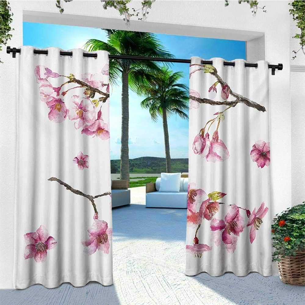 leinuoyi Floral, Sun Zero Outdoor Curtains, Cherry Blossom Sakura Branch Spring Fruit Tree Flowers Hand Drawn Style Illustration, Fabric by The Yard W96 x L96 Inch Pink Green