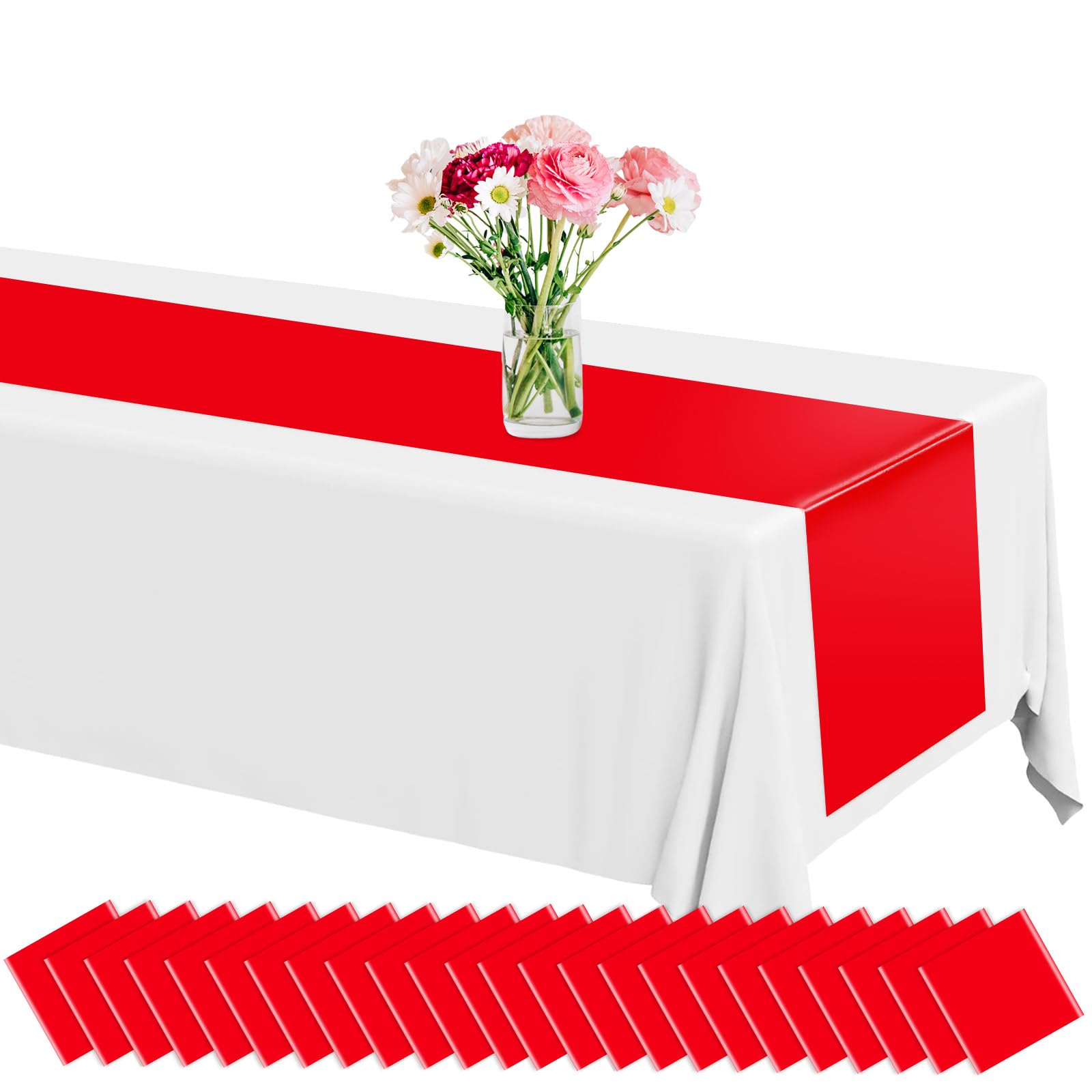 Photo 1 of 12 Pack Plastic Table Runner 14 X 108inch Red Christmas Long Wedding Table Runners Disposable Red Table Runner for Dinner Table Decorations for Wedding Graduation Birthday Party Decor