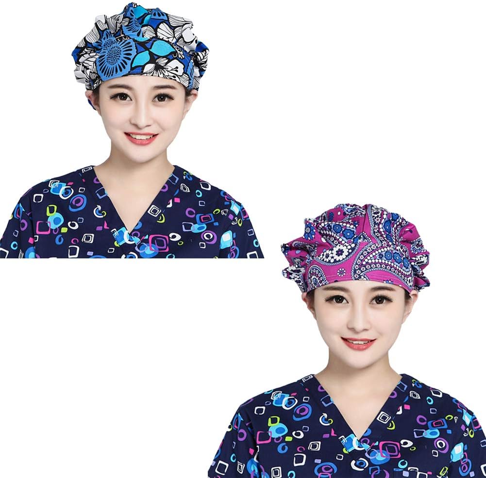 Scrub Cap Surgical Bouffant Paytail Scrub Hat Adjustable Turban Cap with Sweatband and Cotton Mask for Women Men